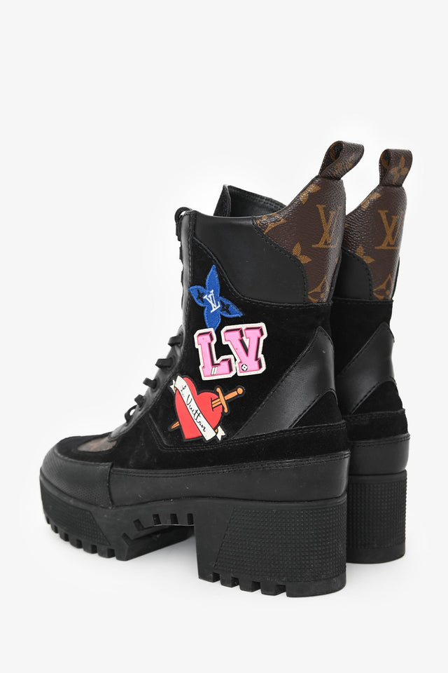 Louis Vuitton Black Suede Monogram Heart Patchwork Combat Boots Size 36.5