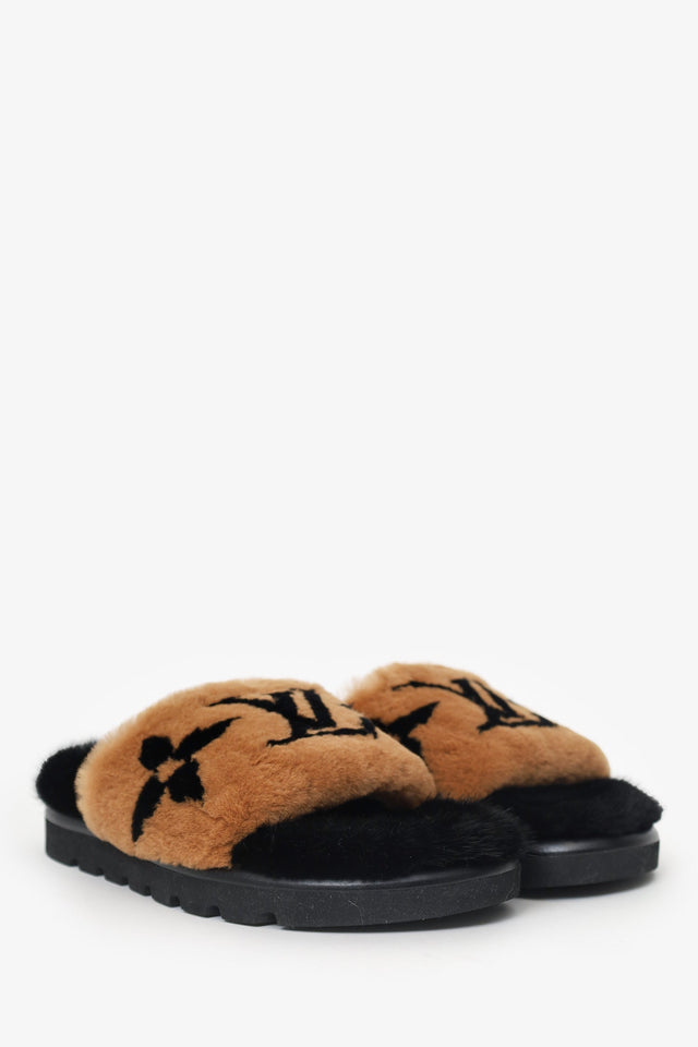 Louis Vuitton 2021 Brown/Black Giant Monogram Print Fur Mink Pool Pillow Comfort Mules Size 39