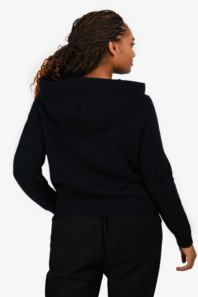 Burberry London Navy Cashmere Logo Hooded Zip Up Cardigan Size M