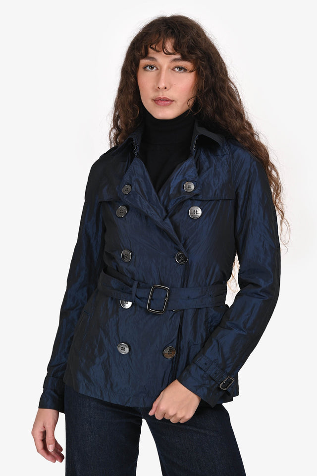 Burberry London Navy Metallic Double Breasted Belted Short Trench Jacket Estimated Size XS