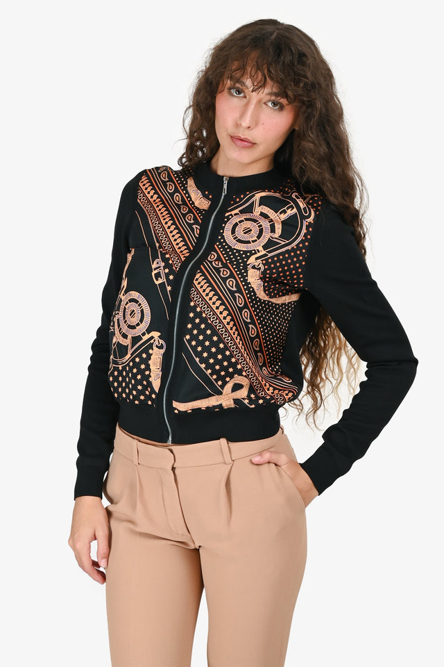 Hermes Black/Orange Silk "Eperon d'Or Bandana" Zip Up Twillaine igan Size 36
