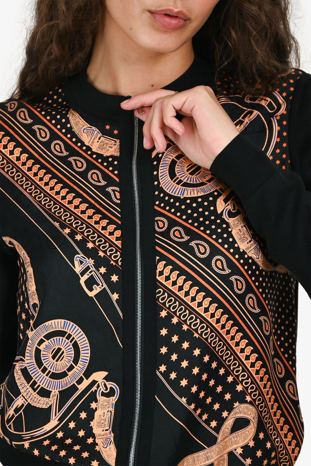 Hermes Black/Orange Silk "Eperon d'Or Bandana" Zip Up Twillaine igan Size 36