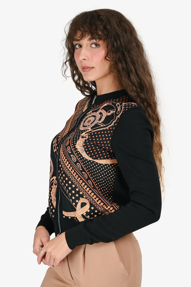 Hermes Black/Orange Silk "Eperon d'Or Bandana" Zip Up Twillaine igan Size 36