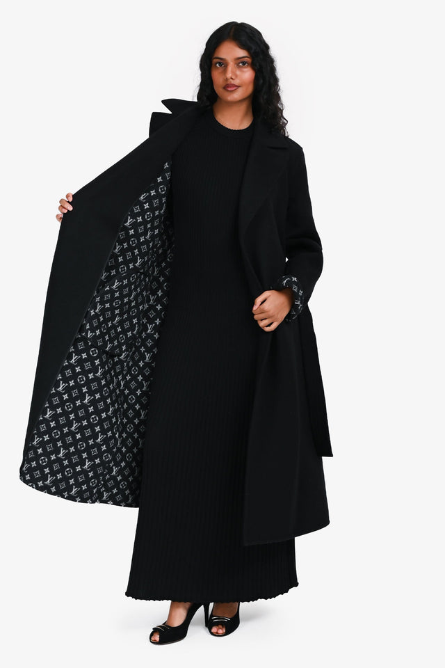 Louis Vuitton Black Wool Monogram Lined Belted Coat Size 38