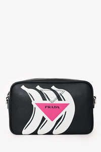 Prada Black Leather Banana Printed Camera Crossbody Bag