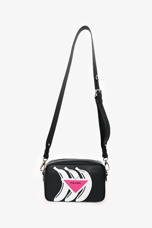 Prada Black Leather Banana Printed Camera Crossbody Bag