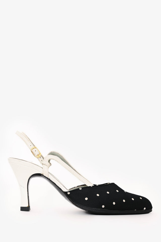 Christian Dior Black/White Satin/Leather Polka Dot Slingback Heels Size 5