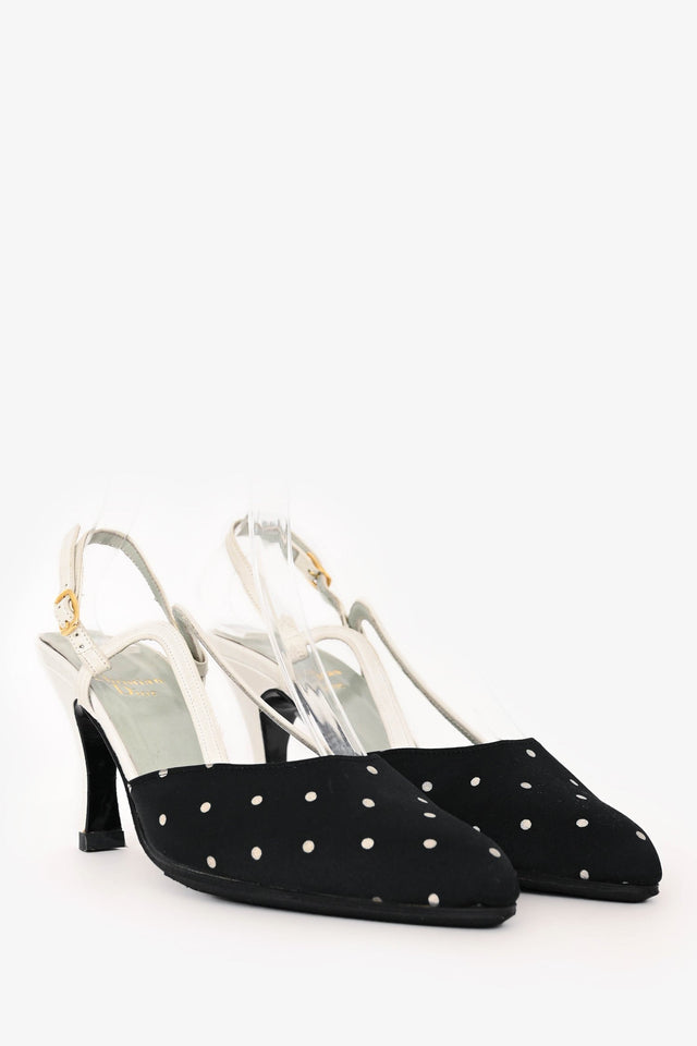 Christian Dior Black/White Satin/Leather Polka Dot Slingback Heels Size 5