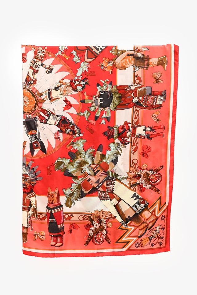 Hermes Red/Orange Silk 'Kachinas' Scarf 140