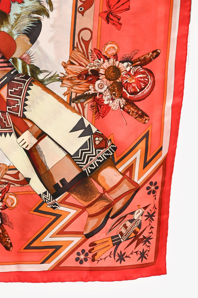 Hermes Red/Orange Silk 'Kachinas' Scarf 140