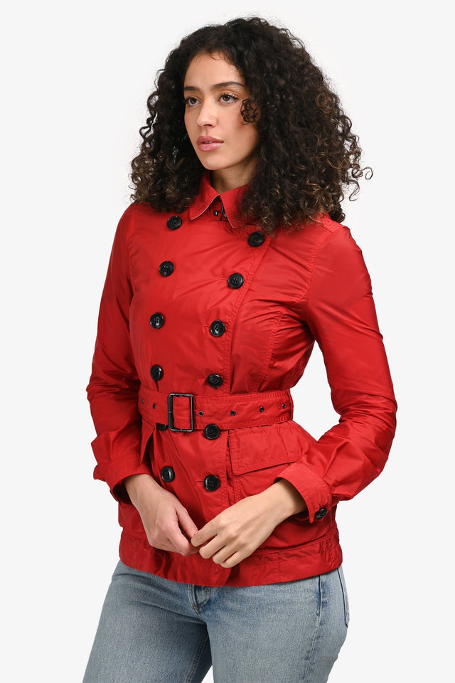 Burberry Brit Red Nylon Double Breasted Short Trench Coat Size 2 US