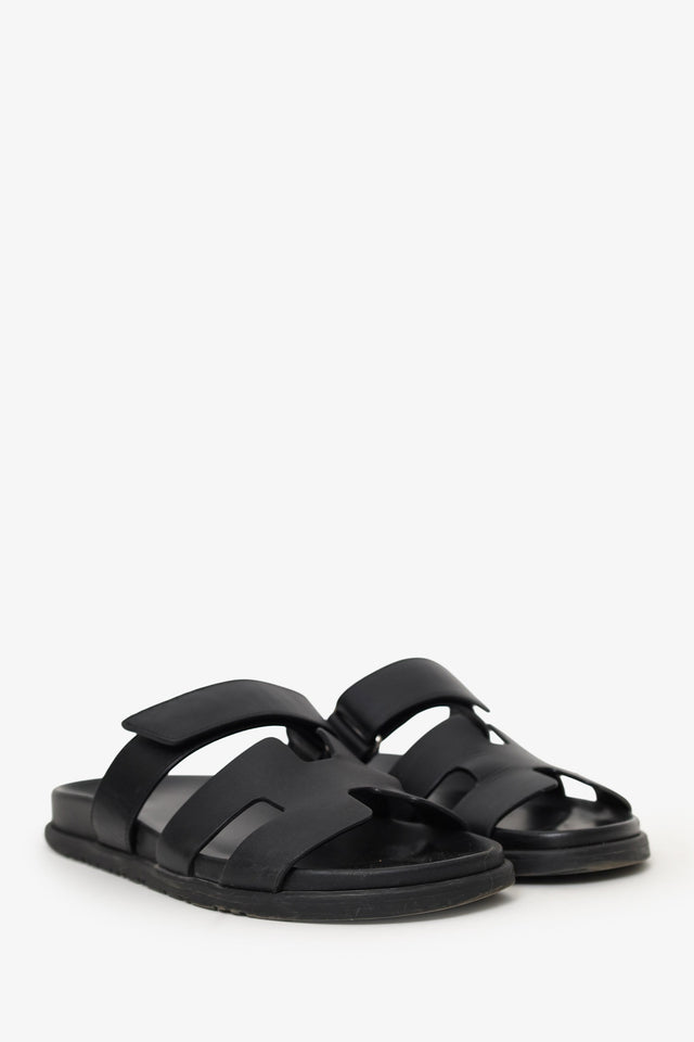 Hermes Black Leather Chypre Sandals Size 38