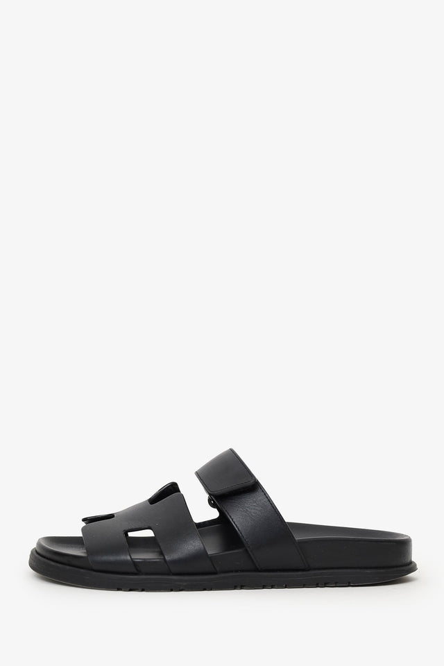 Hermes Black Leather Chypre Sandals Size 38