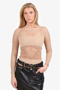 Christian Dior Nude Spandex Fish Net Perforated 'Christian Dior' Long Sleeve Top Size M
