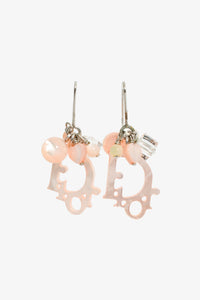 Christian Dior Pink/Silver Tone Logo Drop Earrings