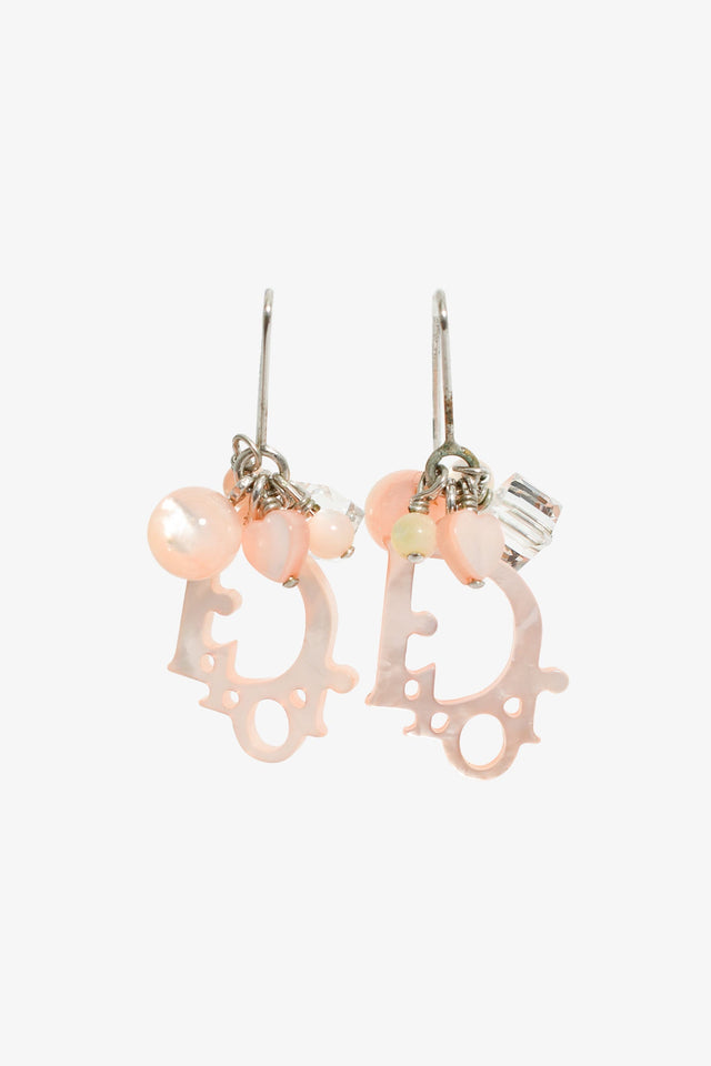 Christian Dior Pink/Silver Tone Logo Drop Earrings
