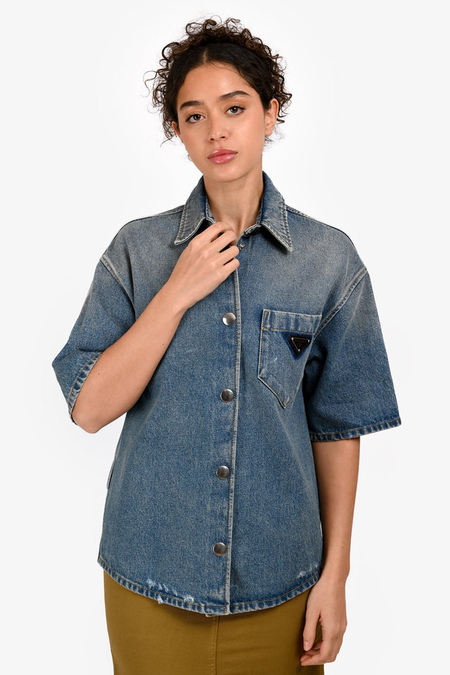 Prada 2023 Blue Denim Logo Plaque Button Down Shirt Size 38