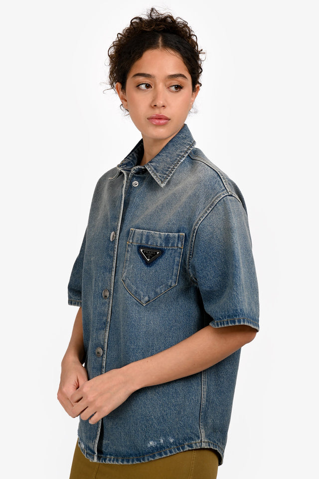 Prada 2023 Blue Denim Logo Plaque Button Down Shirt Size 38
