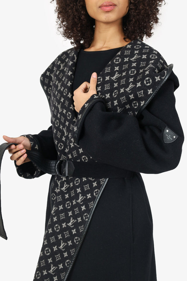 Louis Vuitton Black Wool Monogram Hooded Wrap Coat Size 44