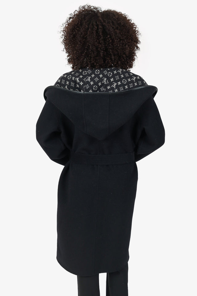 Louis Vuitton Black Wool Monogram Hooded Wrap Coat Size 44