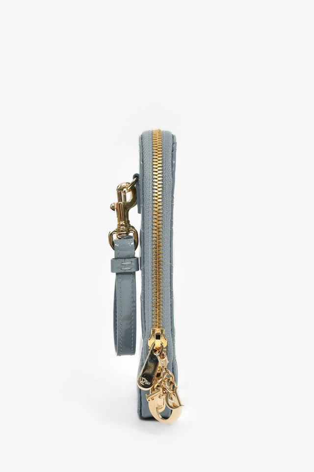 Christian Dior 2022 Blue Cannage Patent 'Call'in Dior' Phone Holder With Chain Strap
