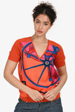 Hermes Orange Silk/Wool Graphic Printed V-Neck Top Size 36