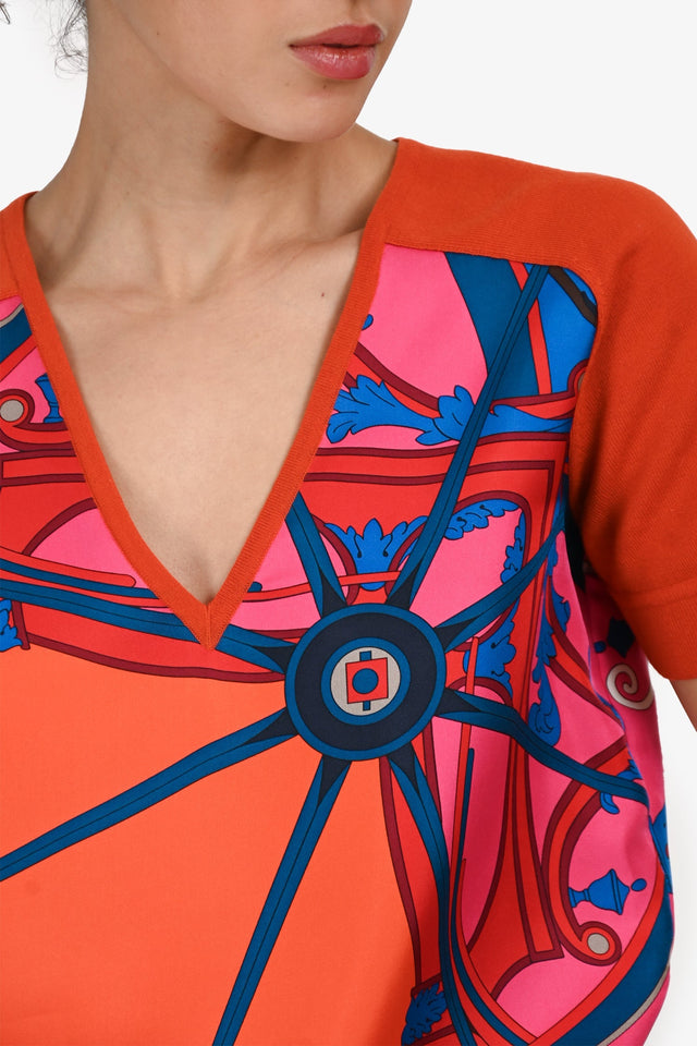 Hermes Orange Silk/Wool Graphic Printed V-Neck Top Size 36