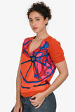Hermes Orange Silk/Wool Graphic Printed V-Neck Top Size 36