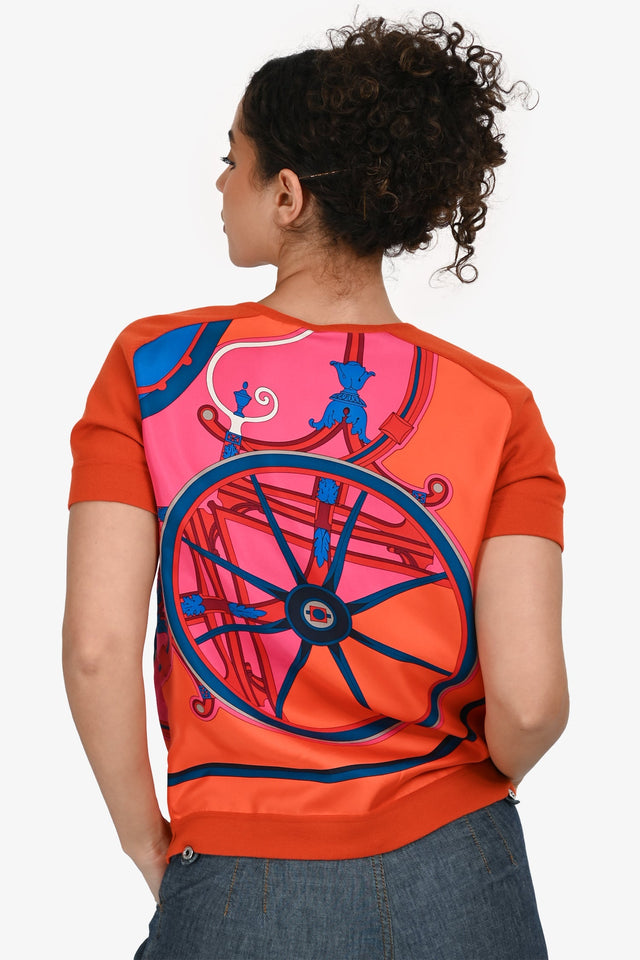 Hermes Orange Silk/Wool Graphic Printed V-Neck Top Size 36