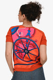 Hermes Orange Silk/Wool Graphic Printed V-Neck Top Size 36