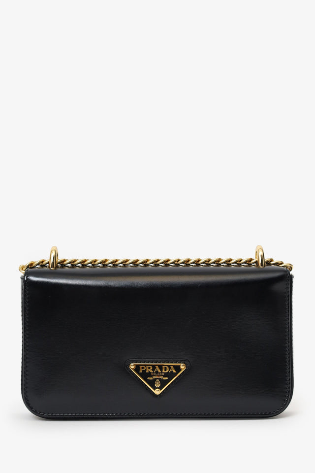 Prada Black Leather Triangle Logo Chain Shoulder Bag