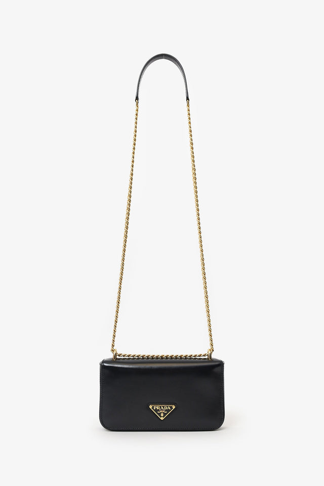 Prada Black Leather Triangle Logo Chain Shoulder Bag
