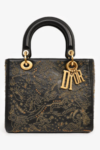 Christian Dior 2017 Black Leather Zodiac Embroidered Medium Lady D-Lite Bag with Strap