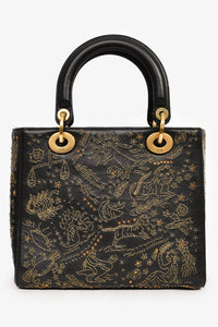 Christian Dior 2017 Black Leather Zodiac Embroidered Medium Lady D-Lite Bag with Strap