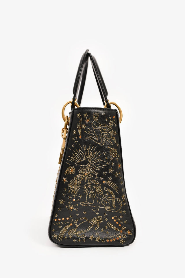 Christian Dior 2017 Black Leather Zodiac Embroidered Medium Lady D-Lite Bag with Strap