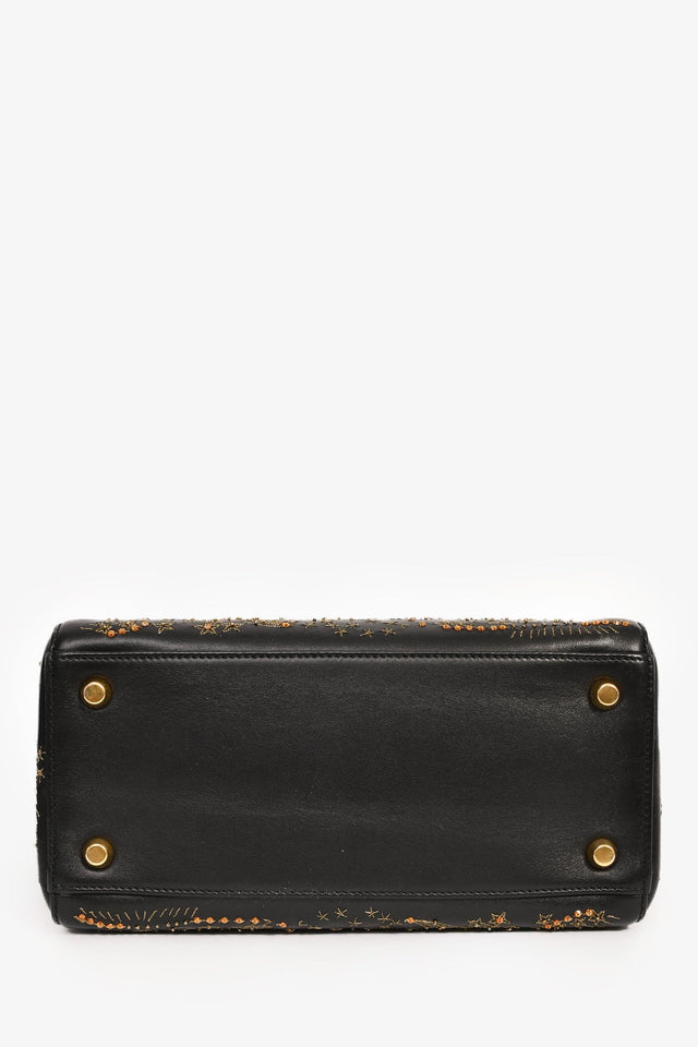 Christian Dior 2017 Black Leather Zodiac Embroidered Medium Lady D-Lite Bag with Strap