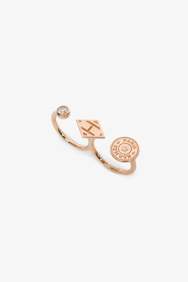 Hermes 18K Rose Gold Diamond 'Gambade' Double Ring Size 50