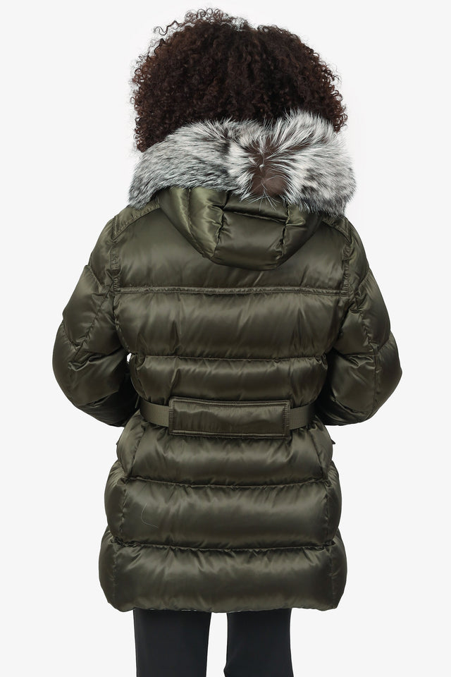 Prada Black Fox Fur Pom Pom Belted Puffer Jacket Size 46