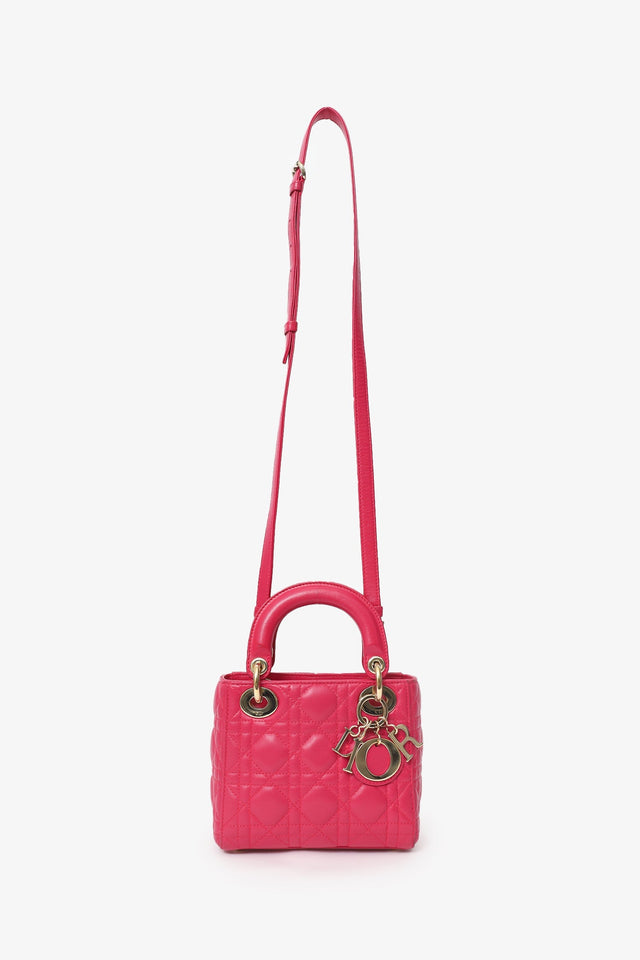Christian Dior 2016 Pink Cannage Leather Mini Lady Dior With Strap