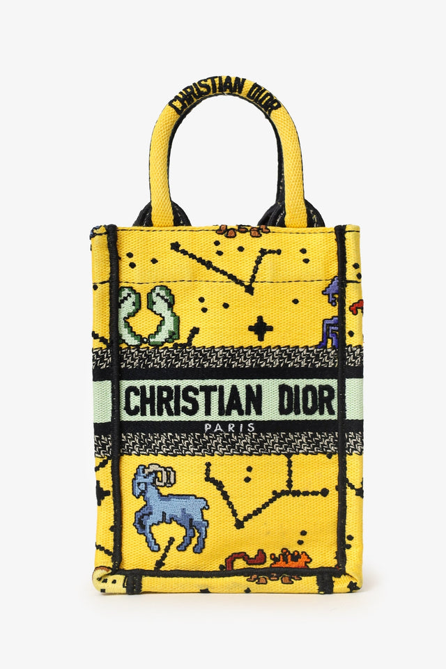Christian Dior 2022 Yellow Canvas Embroidered Pixel Zodiac Mini Book Tote Phone Bag With Strap