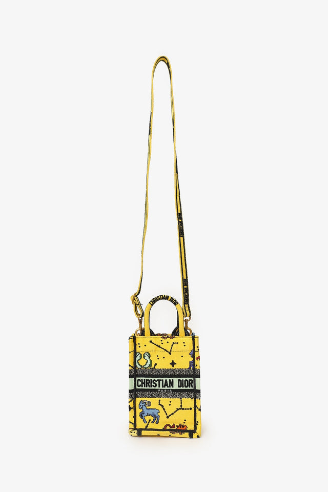 Christian Dior 2022 Yellow Canvas Embroidered Pixel Zodiac Mini Book Tote Phone Bag With Strap
