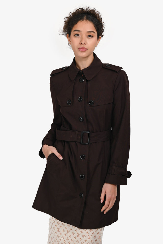 Burberry London Chocolate Brown Cotton Single Breasted Trench Coat Size 8 US