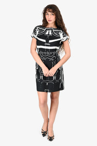 Hermes Black/White Silk Graphic Print Dress with Belt Size 36