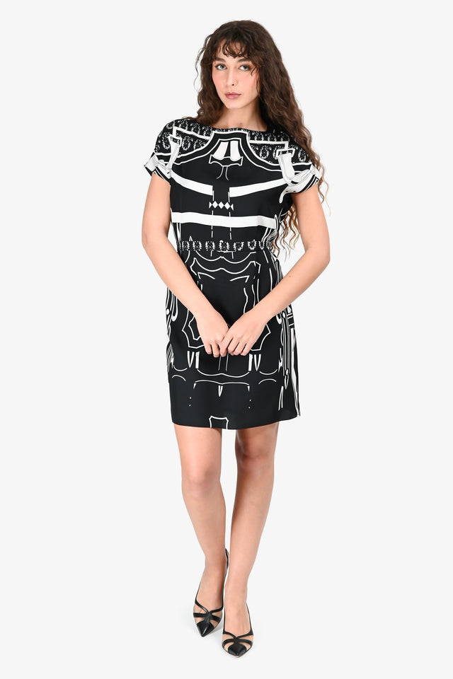 Hermes Black/White Silk Graphic Print Dress with Belt Size 36