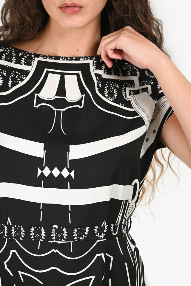Hermes Black/White Silk Graphic Print Dress with Belt Size 36