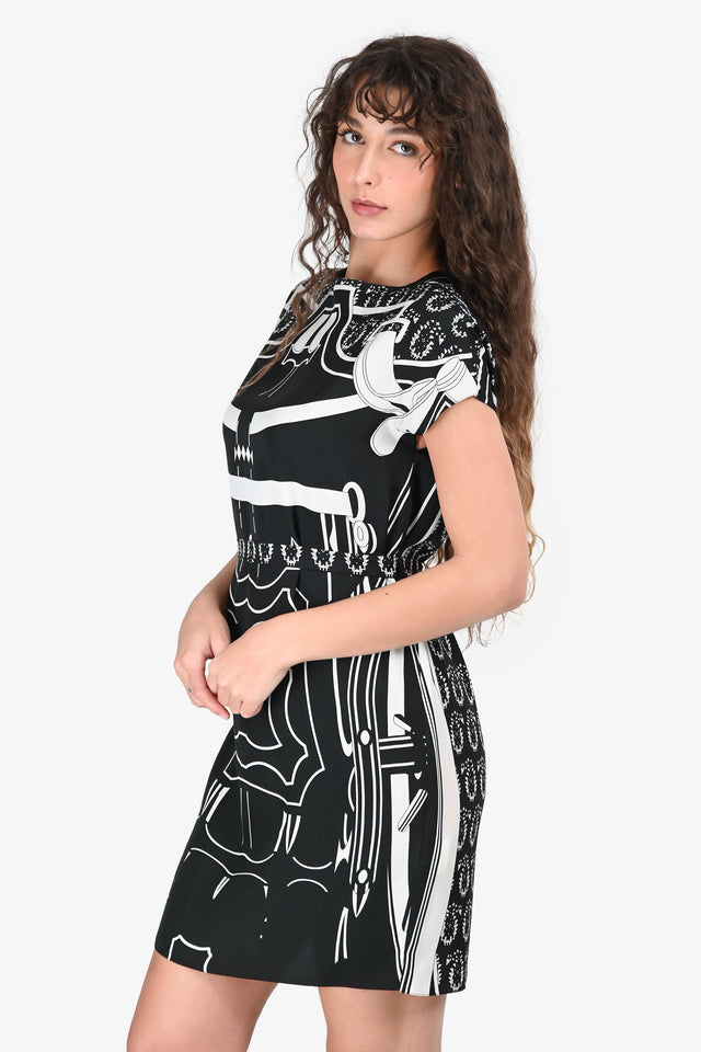Hermes Black/White Silk Graphic Print Dress with Belt Size 36