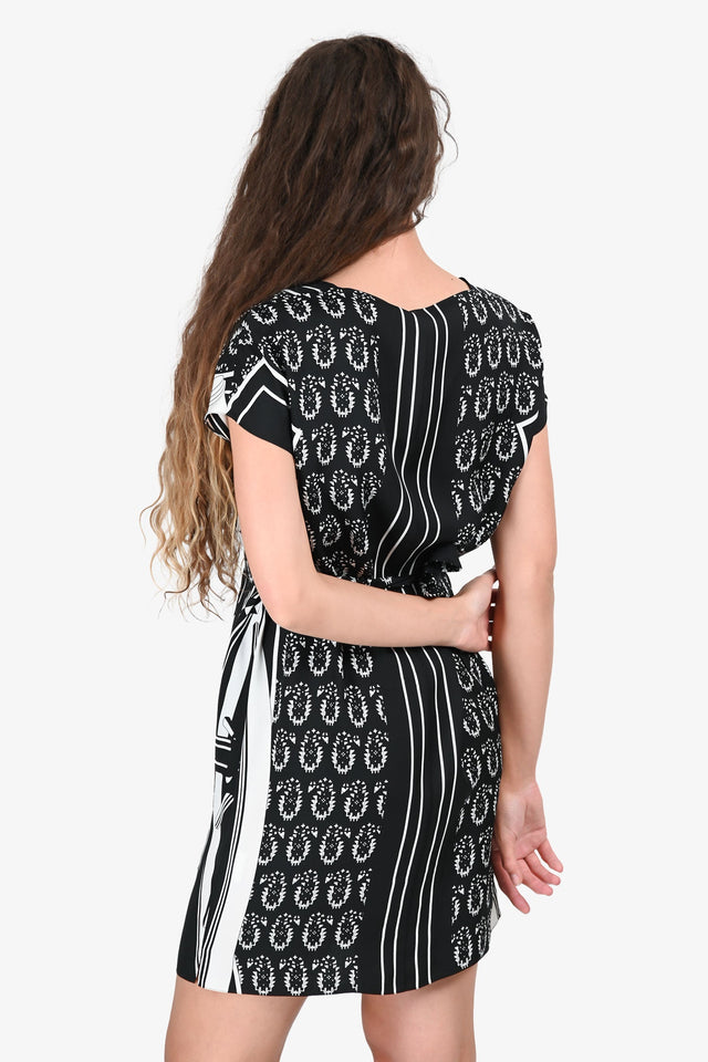 Hermes Black/White Silk Graphic Print Dress with Belt Size 36