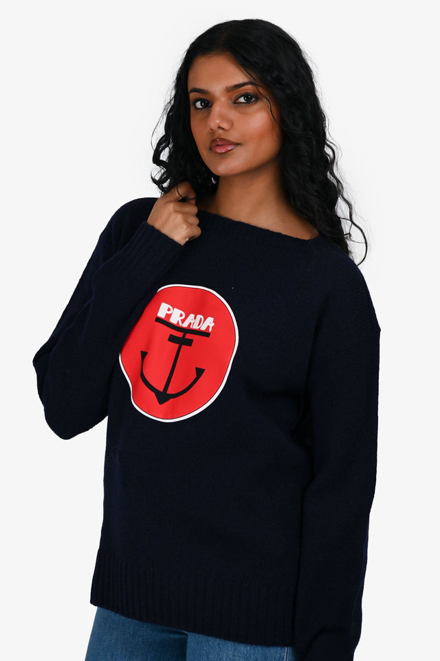 Prada 2018 Navy Wool Anchor Print Logo Sweater Size 46