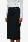Prada 2021 Black Nylon Logo Waistband Midi Skirt Size 38