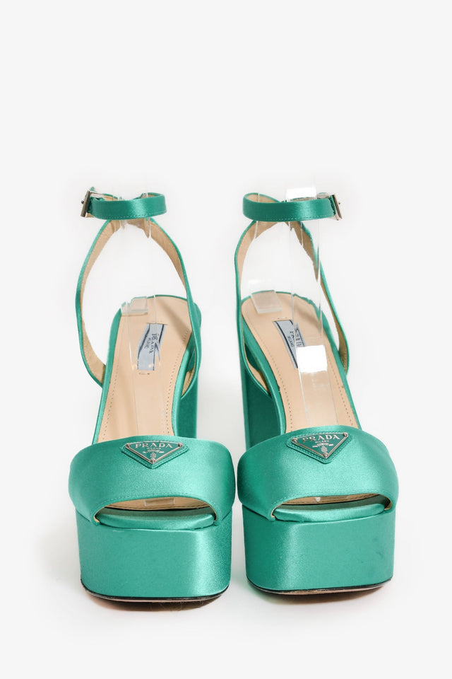 Prada Green Satin Triangle Heeled Platform Heels Size 38.5